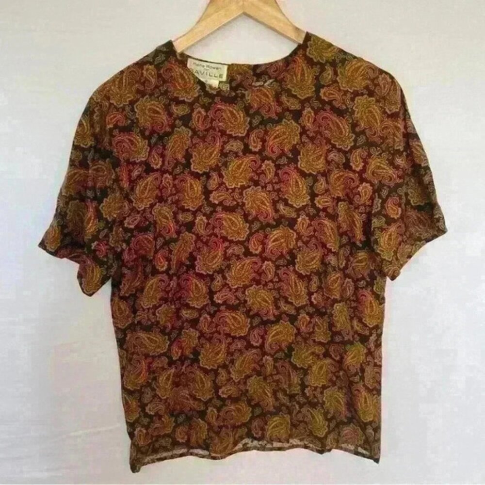 Vintage Rena Rowan for Saville Top- Paisley Black, Gold, Red, Green. Size 6